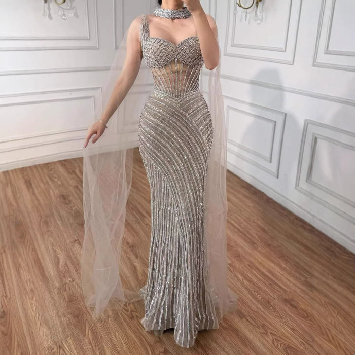 Luxury Nude Beaded Mermaid Evening Dress With Cape Sleeves LA72860