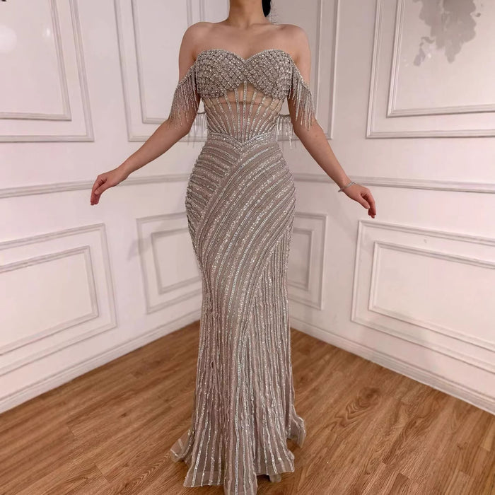 Luxury Nude Beaded Mermaid Evening Dress With Cape Sleeves LA72860