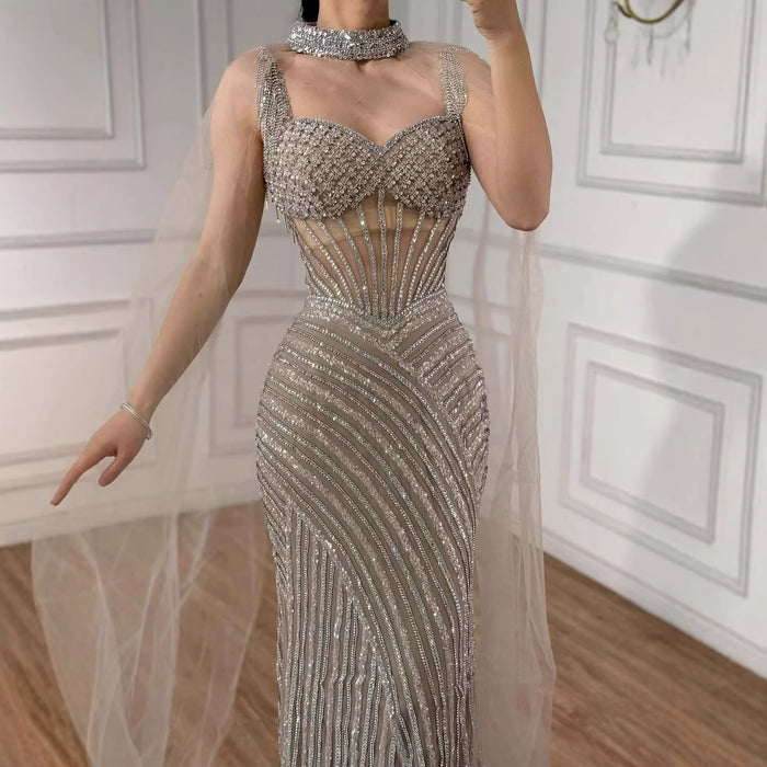 Luxury Nude Beaded Mermaid Evening Dress With Cape Sleeves LA72860