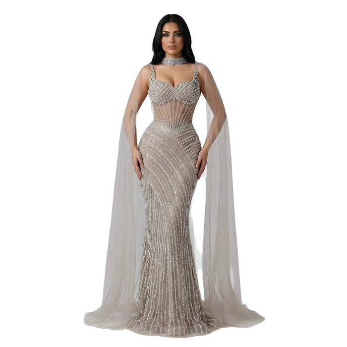 Luxury Nude Beaded Mermaid Evening Dress With Cape Sleeves LA72860