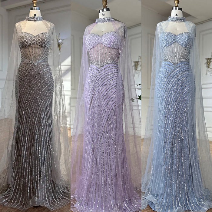 Luxury Nude Beaded Mermaid Evening Dress With Cape Sleeves LA72860