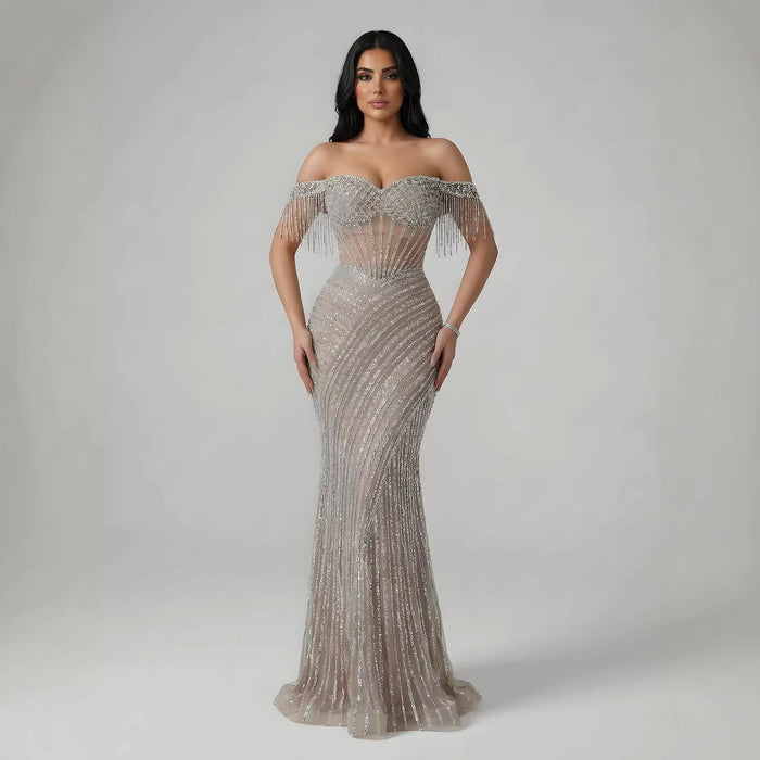 Luxury Nude Beaded Mermaid Evening Dress With Cape Sleeves LA72860