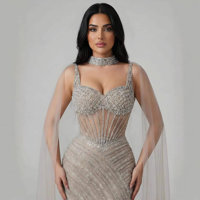 Luxury Nude Beaded Mermaid Evening Dress With Cape Sleeves LA72860