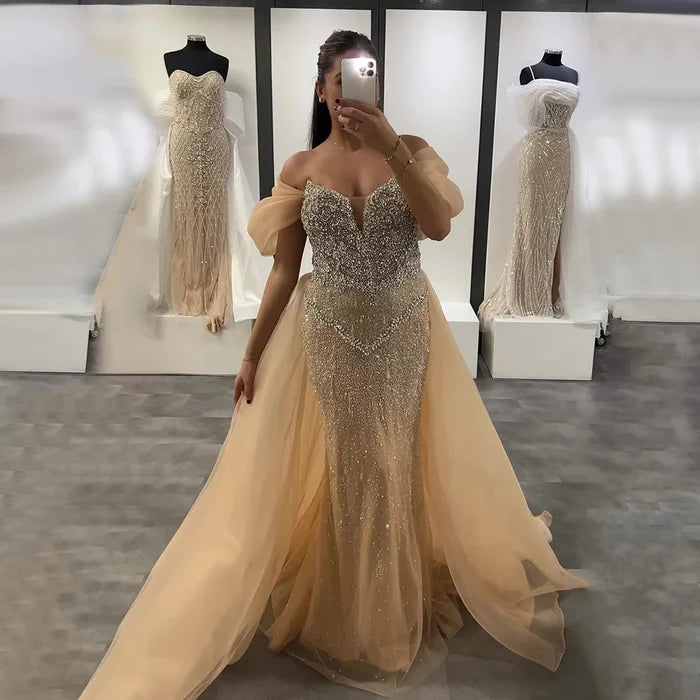 Luxury Nude Beaded Mermaid Evening Dress With Overskirt LA72879 - SERENE HILL