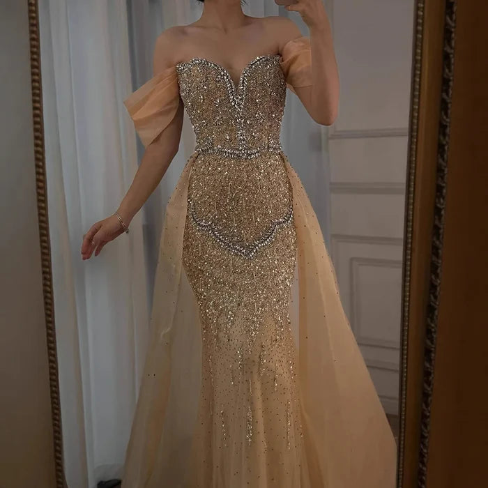 Luxury Nude Beaded Mermaid Evening Dress With Overskirt LA72879 - SERENE HILL