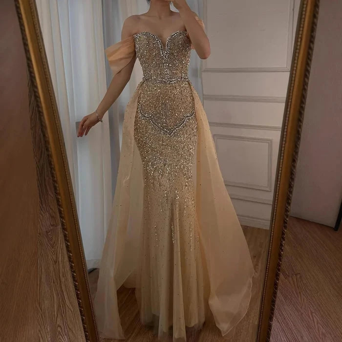 Luxury Nude Beaded Mermaid Evening Dress With Overskirt LA72879 - SERENE HILL