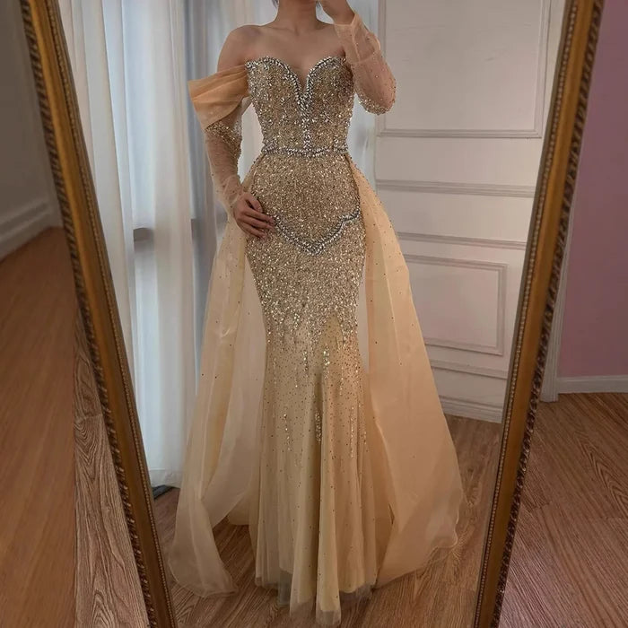 Luxury Nude Beaded Mermaid Evening Dress With Overskirt LA72879 - SERENE HILL