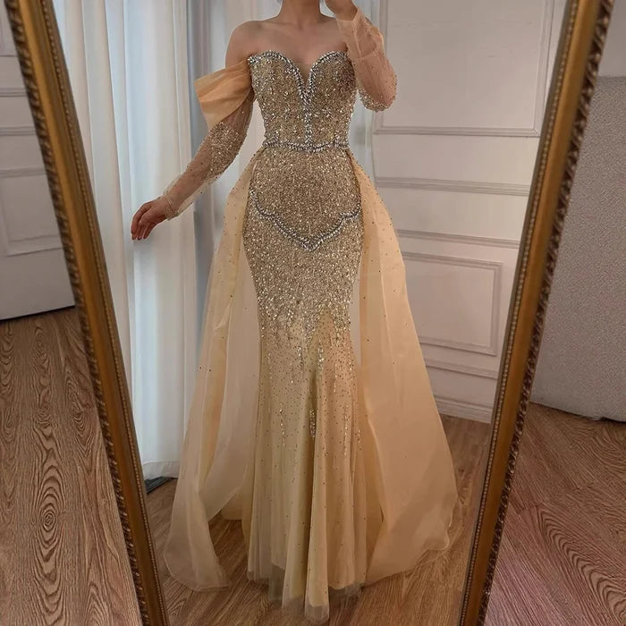 Luxury Nude Beaded Mermaid Evening Dress With Overskirt LA72879 - SERENE HILL