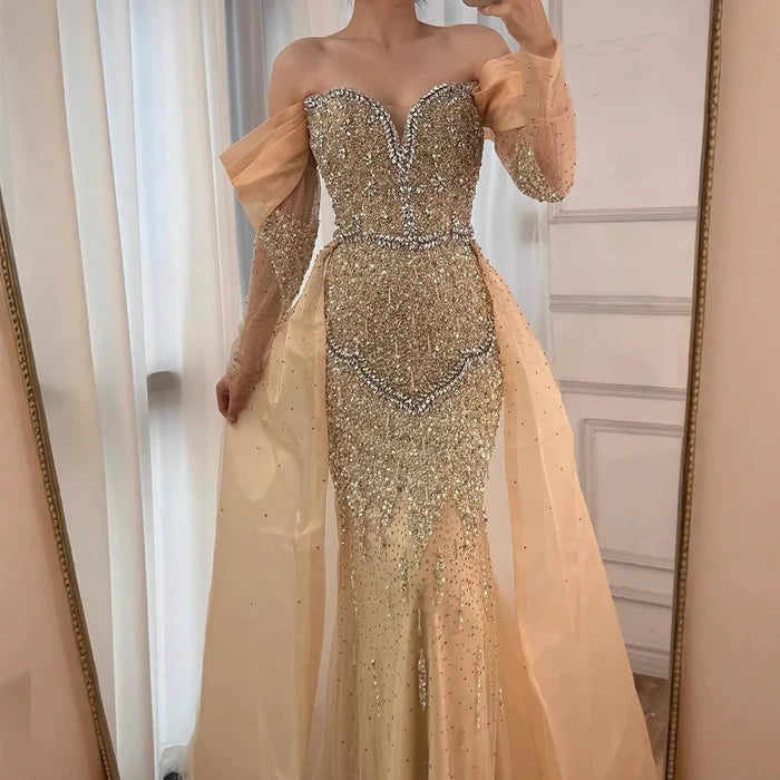 Luxury Nude Beaded Mermaid Evening Dress With Overskirt LA72879 - SERENE HILL