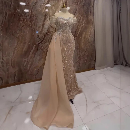 Luxury Nude Beaded Mermaid Evening Dress with Overskirt LA72911 - SERENE HILL