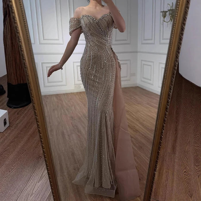 Luxury Nude Beaded Mermaid Evening Dress with Overskirt LA72911 - SERENE HILL