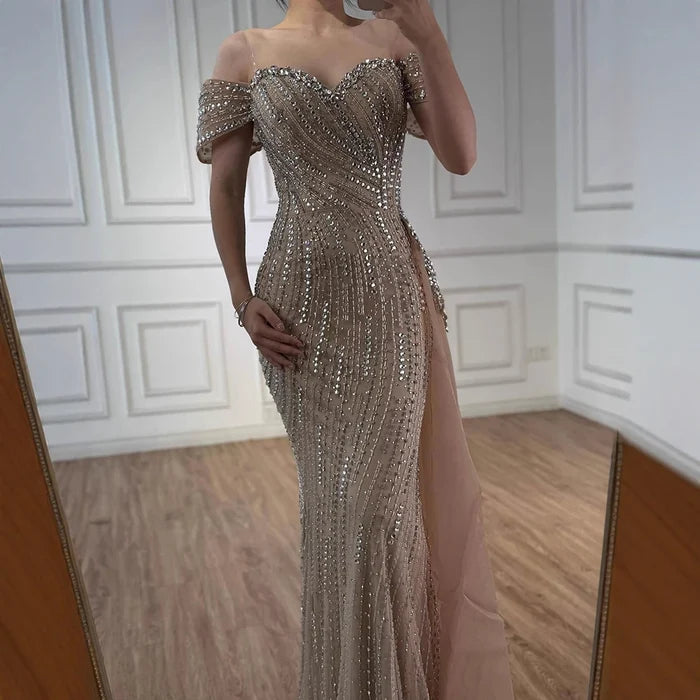 Luxury Nude Beaded Mermaid Evening Dress with Overskirt LA72911 - SERENE HILL