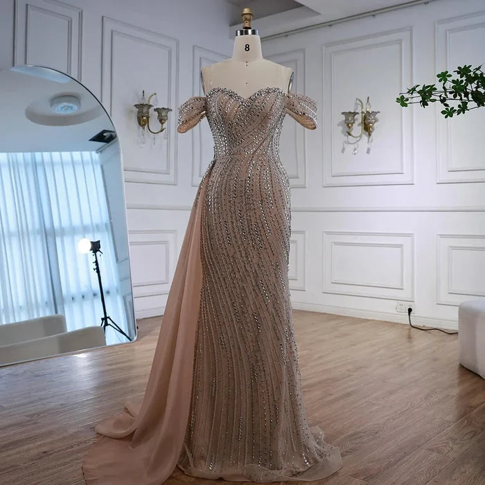 Luxury Nude Beaded Mermaid Evening Dress with Overskirt LA72911 - SERENE HILL