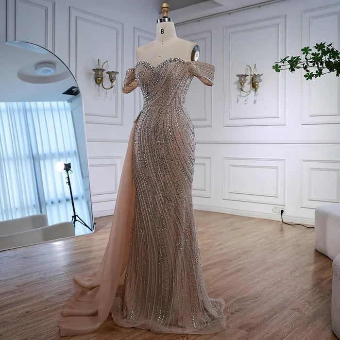 Luxury Nude Beaded Mermaid Evening Dress with Overskirt LA72911 - SERENE HILL