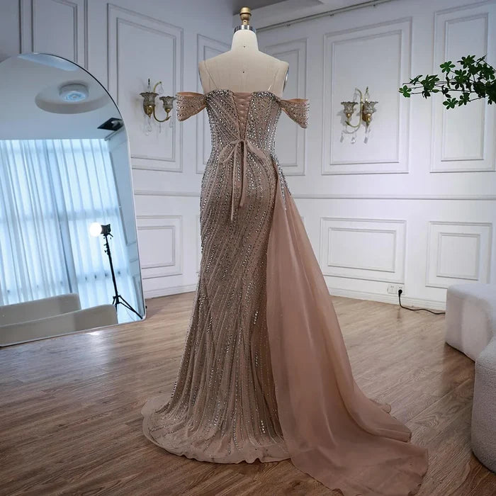 Luxury Nude Beaded Mermaid Evening Dress with Overskirt LA72911 - SERENE HILL