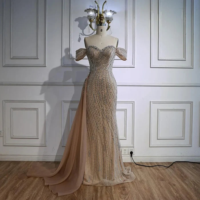 Luxury Nude Beaded Mermaid Evening Dress with Overskirt LA72911 - SERENE HILL