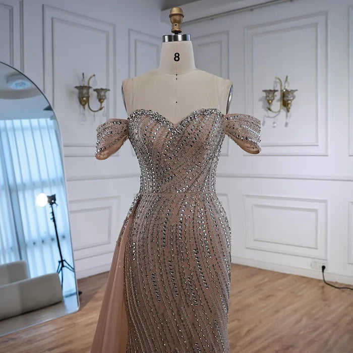 Luxury Nude Beaded Mermaid Evening Dress with Overskirt LA72911 - SERENE HILL