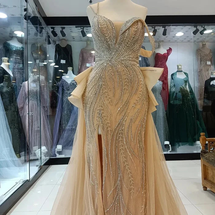 Luxury Nude Beaded Mermaid Evening Gown with Overskirt Split LA72890 - SERENE HILL