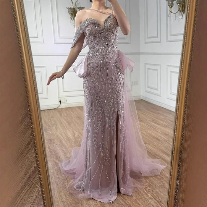 Luxury Nude Beaded Mermaid Evening Gown with Overskirt Split LA72890 - SERENE HILL