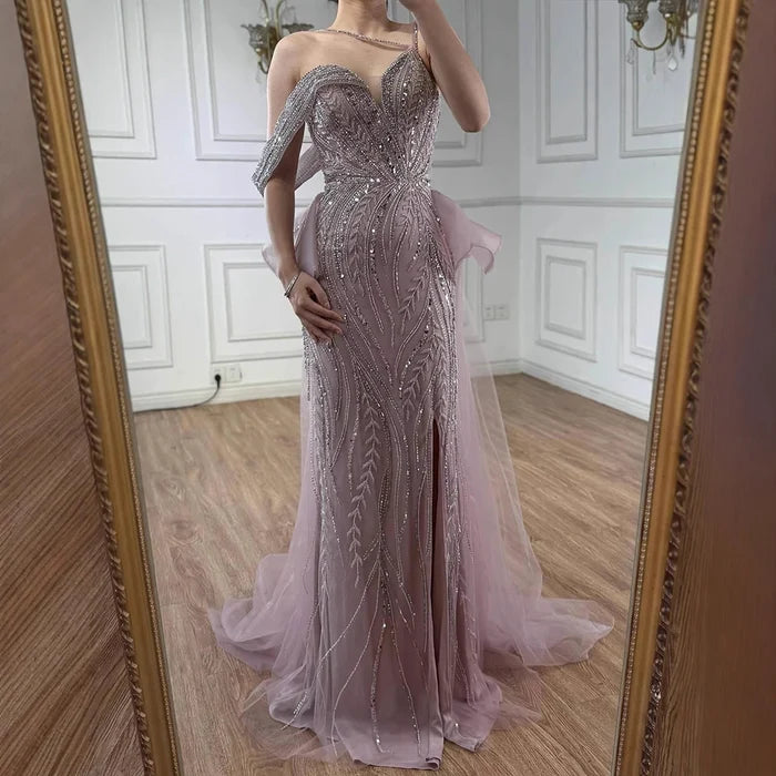 Luxury Nude Beaded Mermaid Evening Gown with Overskirt Split LA72890 - SERENE HILL