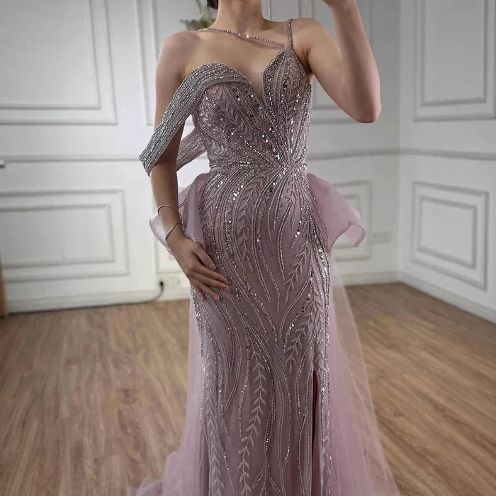 Luxury Nude Beaded Mermaid Evening Gown with Overskirt Split LA72890 - SERENE HILL
