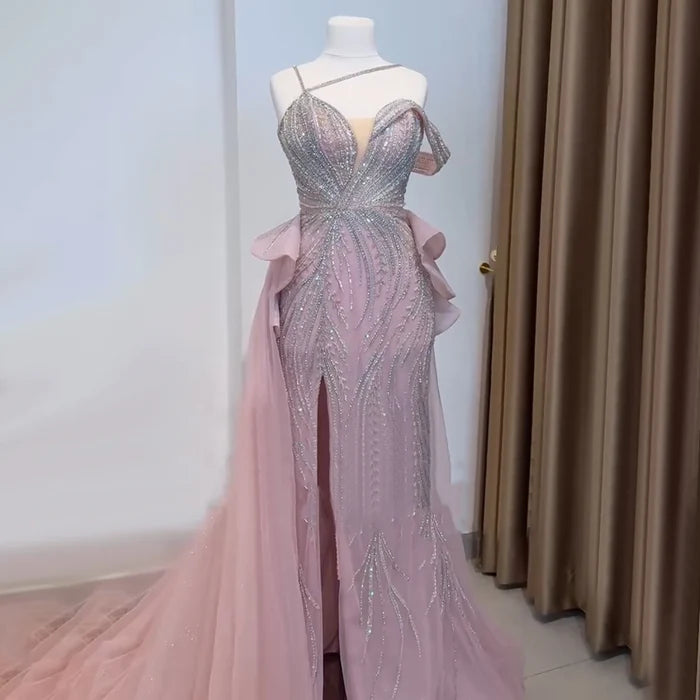 Luxury Nude Beaded Mermaid Evening Gown with Overskirt Split LA72890 - SERENE HILL
