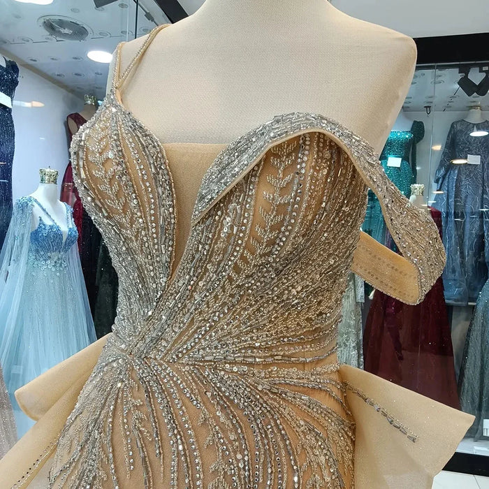 Luxury Nude Beaded Mermaid Evening Gown with Overskirt Split LA72890 - SERENE HILL