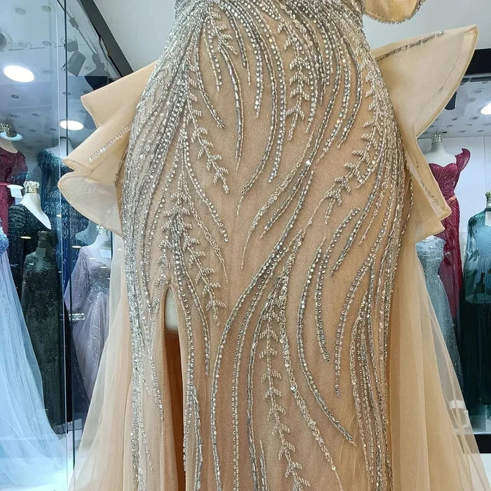 Luxury Nude Beaded Mermaid Evening Gown with Overskirt Split LA72890 - SERENE HILL