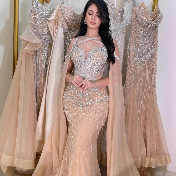 Luxury Nude Cape Sleeves Beaded Crystal Evening Dress LA72806 - SERENE HILL
