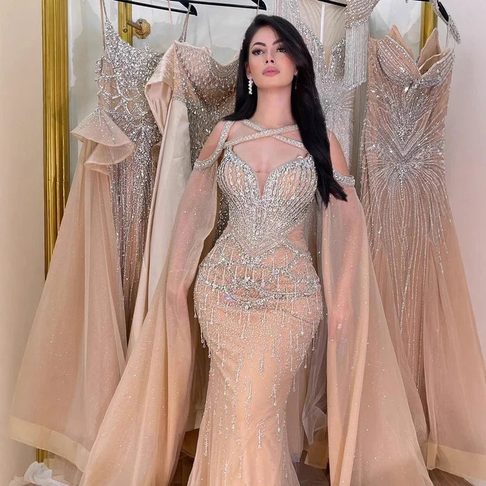 Luxury Nude Cape Sleeves Beaded Crystal Evening Dress LA72806 - SERENE HILL