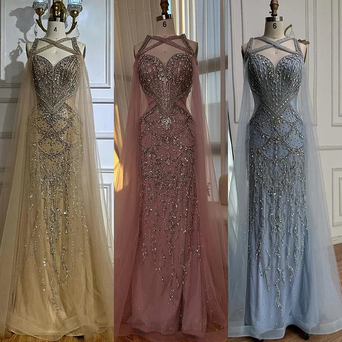 Luxury Nude Cape Sleeves Beaded Crystal Evening Dress LA72806 - SERENE HILL