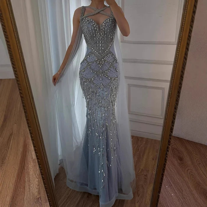 Luxury Nude Cape Sleeves Beaded Crystal Evening Dress LA72806 - SERENE HILL
