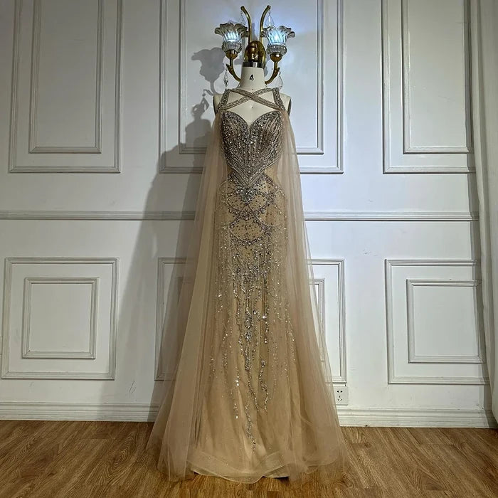 Luxury Nude Cape Sleeves Beaded Crystal Evening Dress LA72806 - SERENE HILL