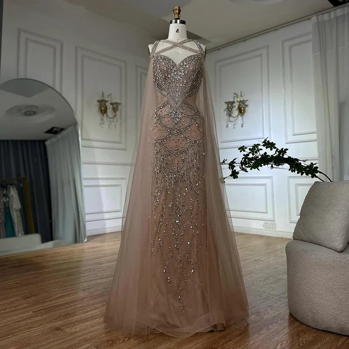 Luxury Nude Cape Sleeves Beaded Crystal Evening Dress LA72806 - SERENE HILL