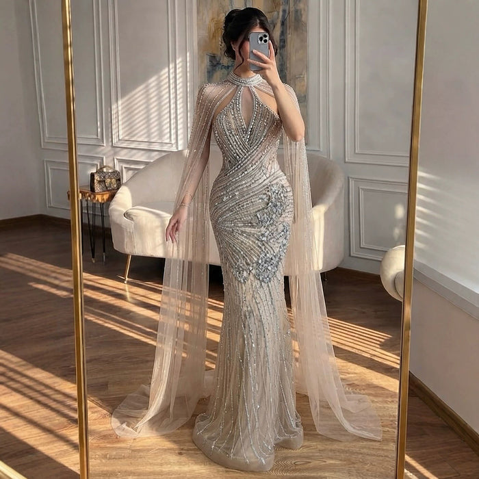 Luxury Nude Crystal Beaded Cape Sleeves Mermaid Evening Dress LA73863 SERENE HILL
