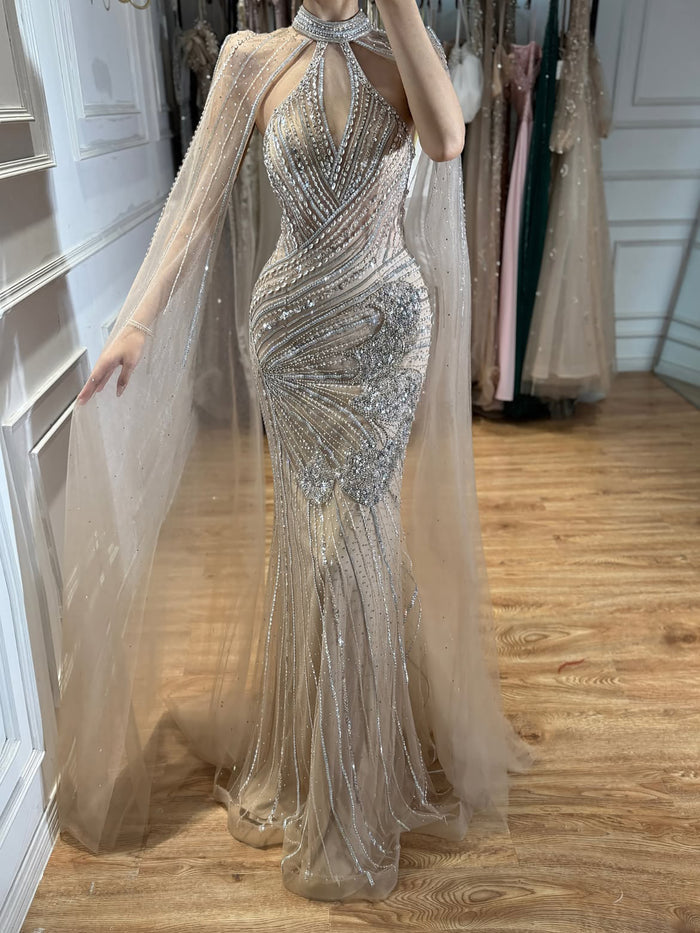 Luxury Nude Crystal Beaded Cape Sleeves Mermaid Evening Dress LA73863 SERENE HILL