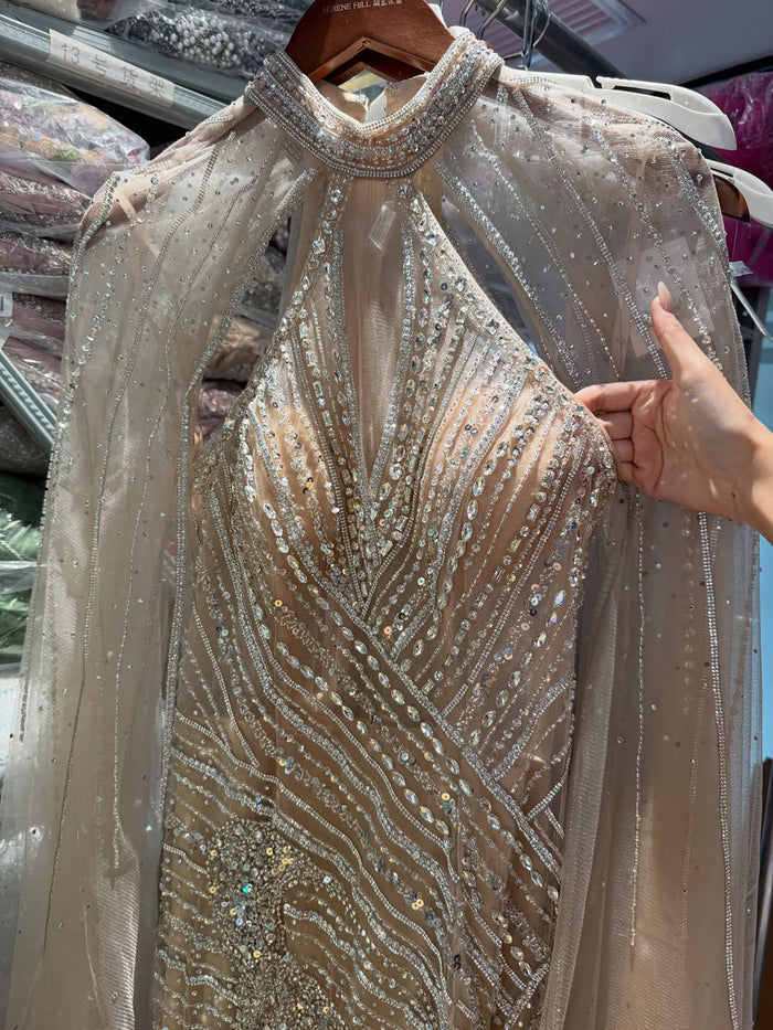 Luxury Nude Crystal Beaded Cape Sleeves Mermaid Evening Dress LA73863 SERENE HILL