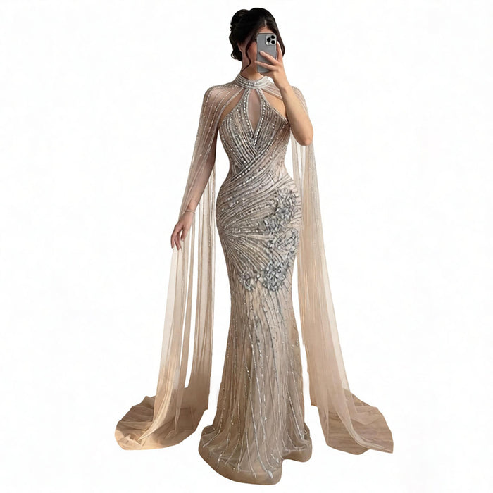 Luxury Nude Crystal Beaded Cape Sleeves Mermaid Evening Dress LA73863 SERENE HILL
