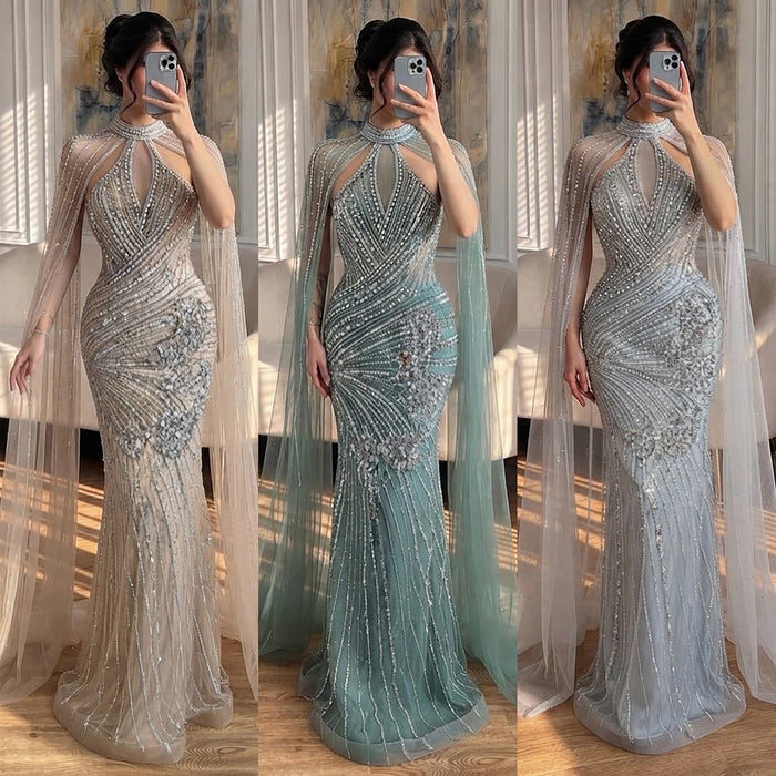 Luxury Nude Crystal Beaded Cape Sleeves Mermaid Evening Dress LA73863 SERENE HILL