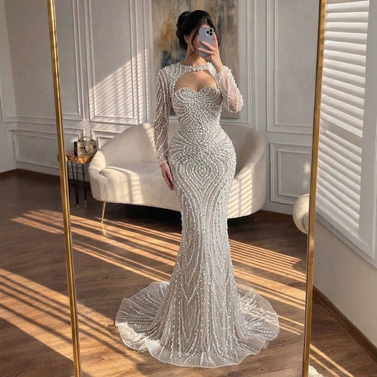 Luxury Nude Crystal Beaded Long Sleeve Mermaid Evening Dress LA73412 SERENE HILL
