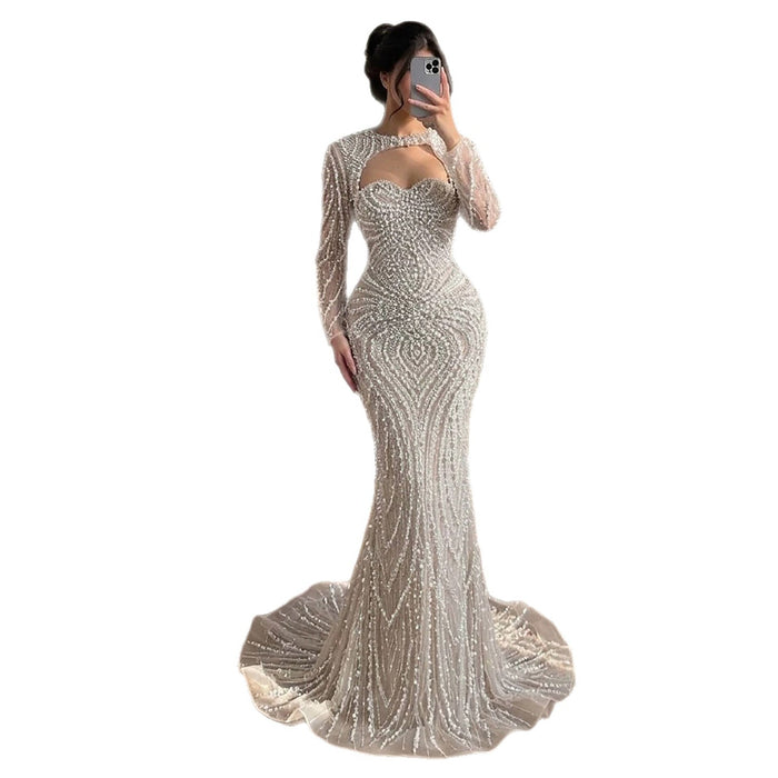 Luxury Nude Crystal Beaded Long Sleeve Mermaid Evening Dress LA73412 SERENE HILL