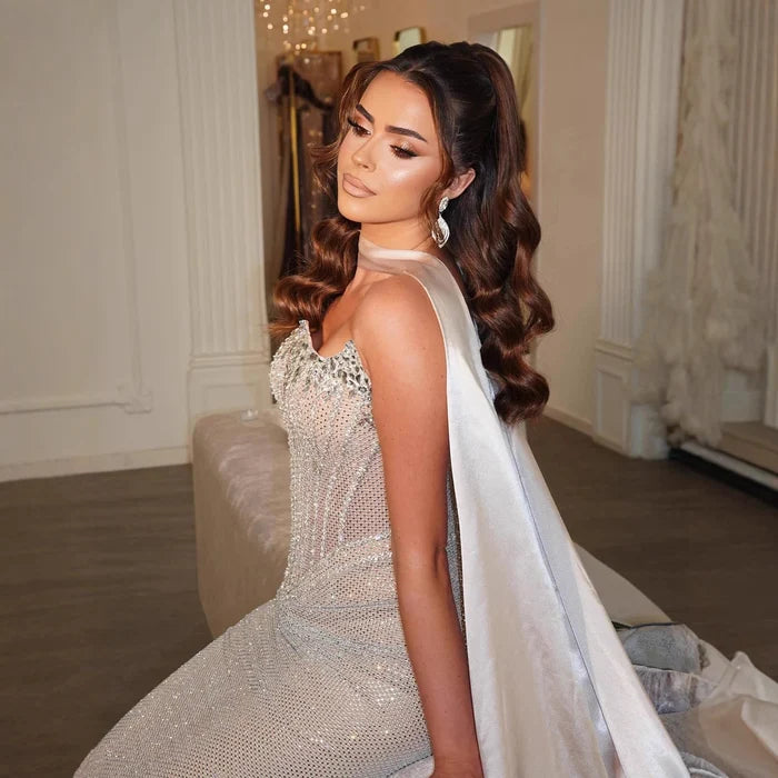 Luxury Nude Crystal Beaded Mermaid Evening Dress with Long Gloves LA73422 - SERENE HILL