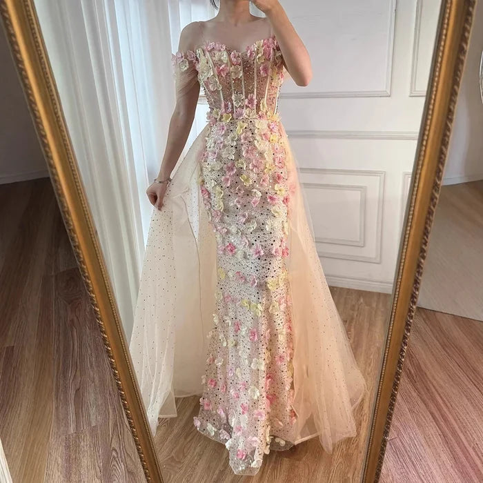 Luxury Nude Floral Beaded Off-Shoulder Evening Dress with Overskirt LA72861 - SERENE HILL