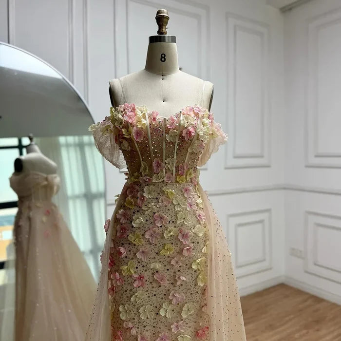 Luxury Nude Floral Beaded Off-Shoulder Evening Dress with Overskirt LA72861 - SERENE HILL