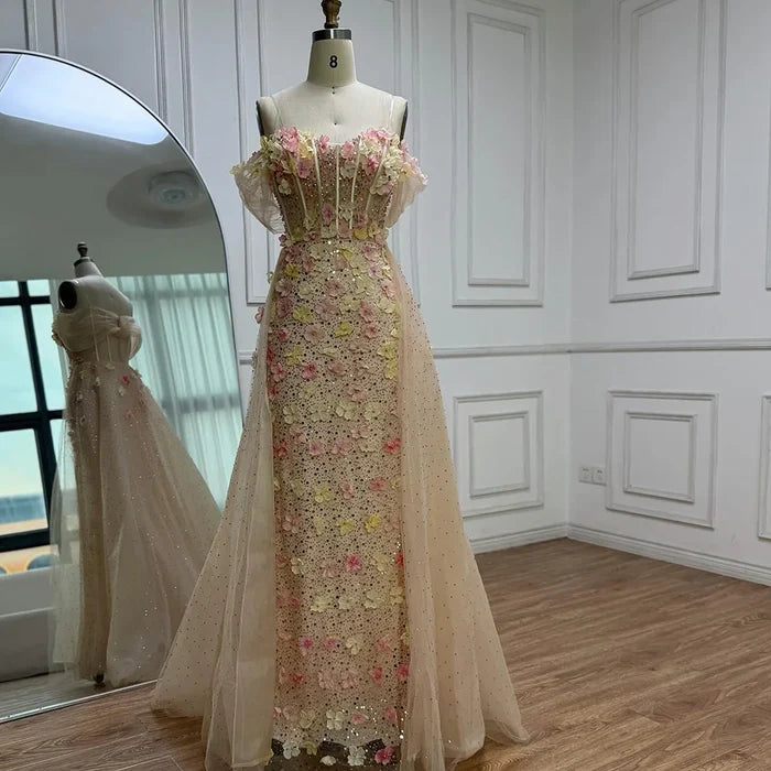 Luxury Nude Floral Beaded Off-Shoulder Evening Dress with Overskirt LA72861 - SERENE HILL