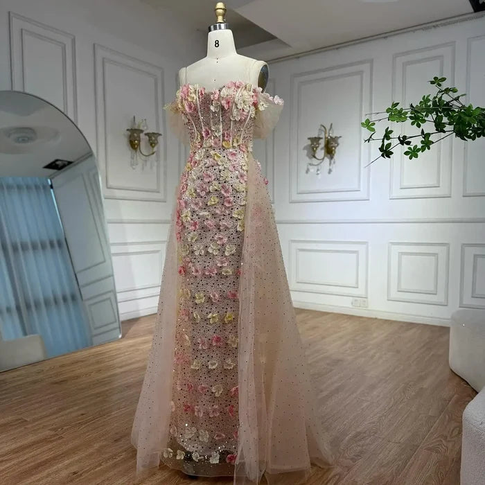 Luxury Nude Floral Beaded Off-Shoulder Evening Dress with Overskirt LA72861 - SERENE HILL