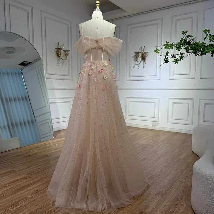 Luxury Nude Floral Beaded Off-Shoulder Evening Dress with Overskirt LA72861 - SERENE HILL