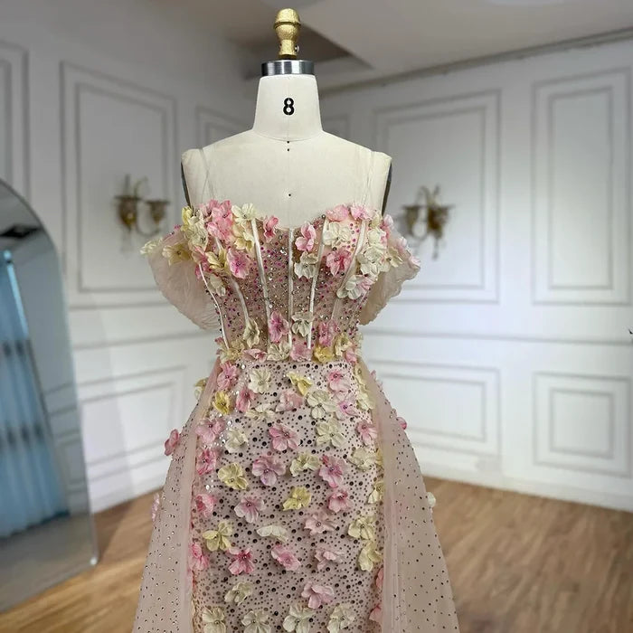 Luxury Nude Floral Beaded Off-Shoulder Evening Dress with Overskirt LA72861 - SERENE HILL