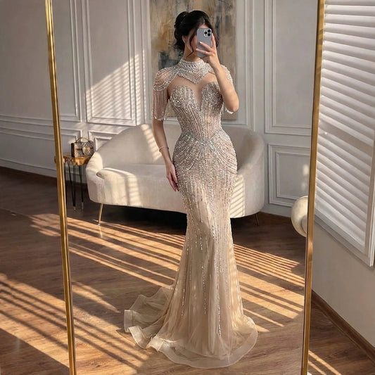 Luxury Nude High Neck Beaded Tassel Mermaid Evening Dress LA73183A SERENE HILL