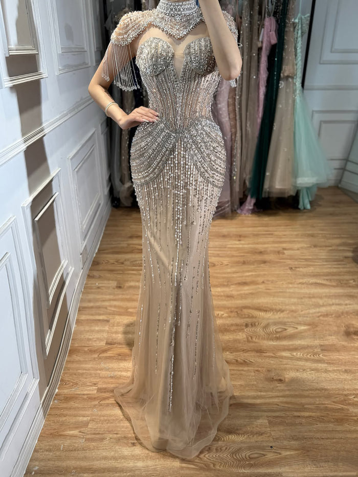 Luxury Nude High Neck Beaded Tassel Mermaid Evening Dress LA73183A SERENE HILL